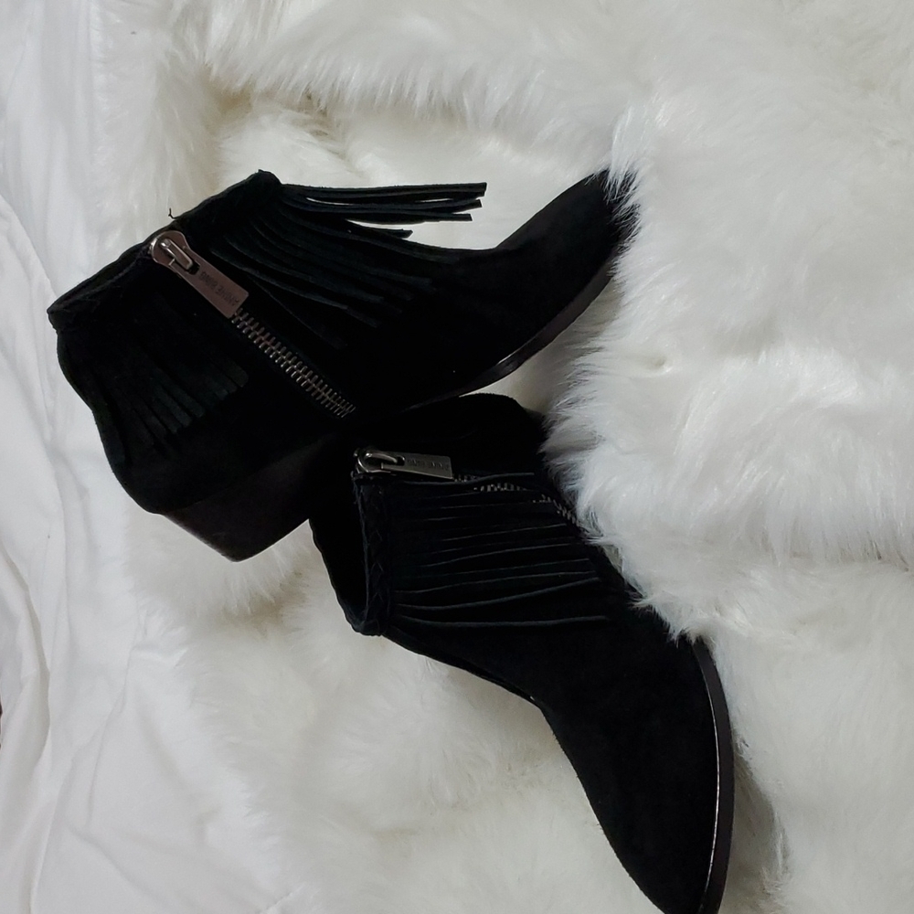 ●ANINE BING SIENNA BLACK SUEDE WESTERN FRINGE BOOTIES SIZE 7  1" WOOD HEEL